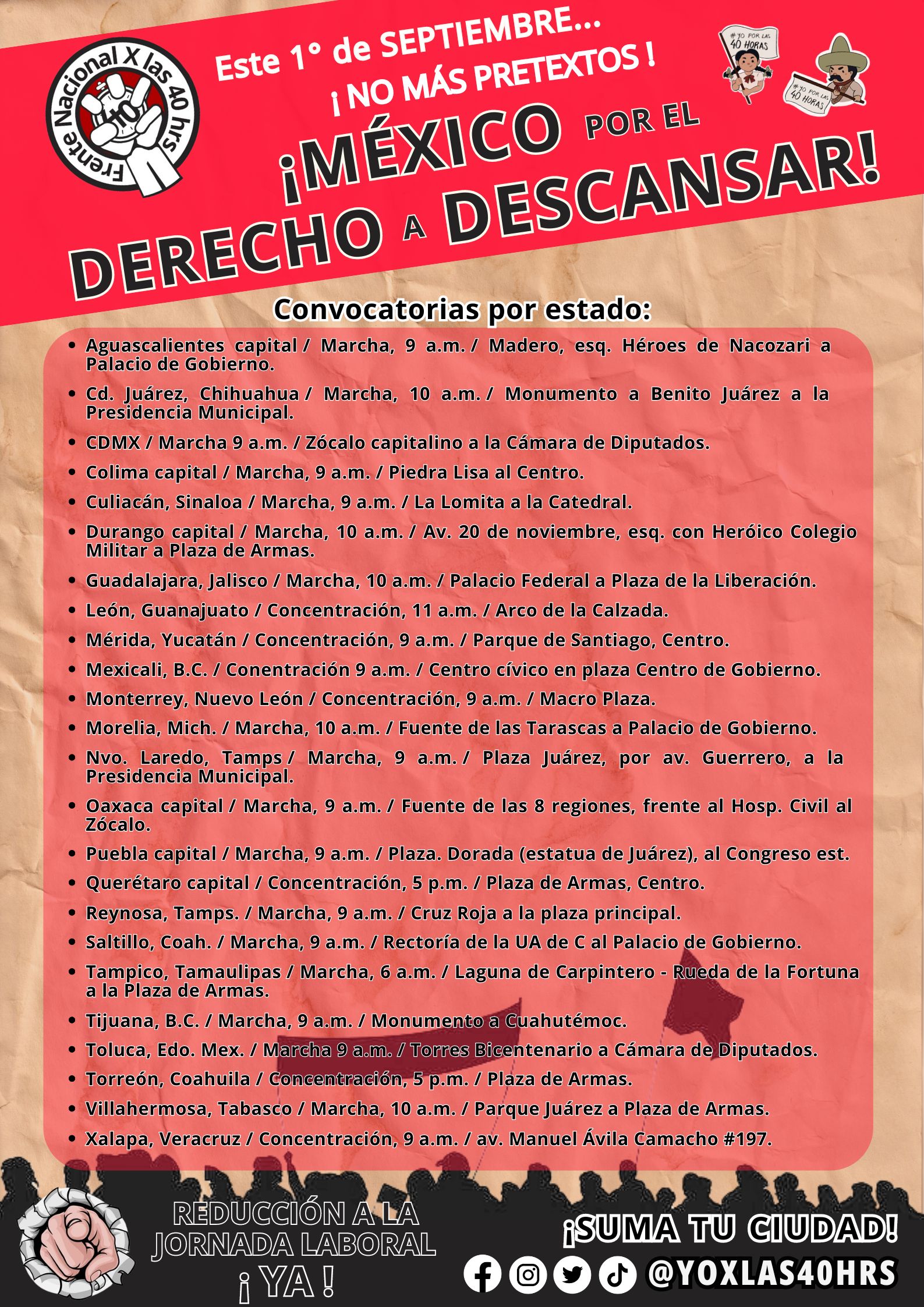 Convocatoria para marchas y concentraciones del 1 de septiembre en las distintas ciudades de México